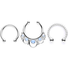 16G Blue Faux Opal Twisted Horseshoe Clip On Fake Septum Ring Set