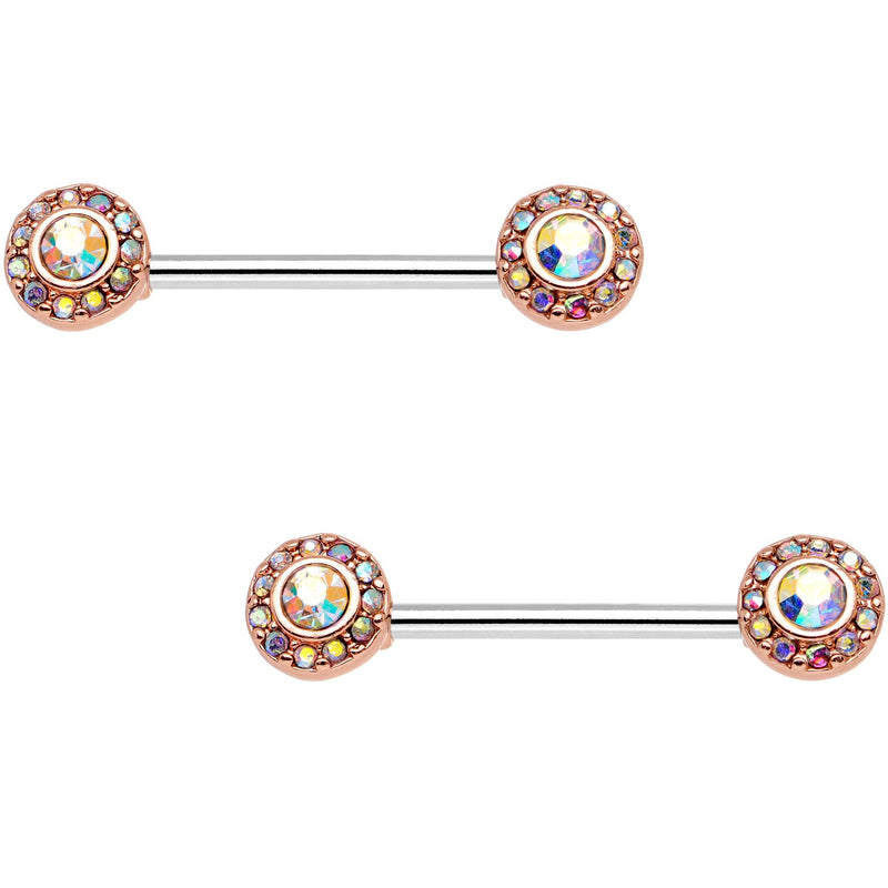 14G Aurora Gem Rose Gold Tone Cluster Barbell Nipple Ring Set