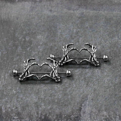 1 1/2 Skeleton Hand Heart Nipple Barbell Shield Set
