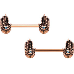 9/16 Aqua Gem Rose Gold Tone Hamsa Hand Barbell Nipple Ring Set