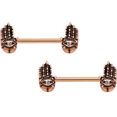 9/16 Clear Gem Rose Gold Tone Hamsa Hand Barbell Nipple Ring Set