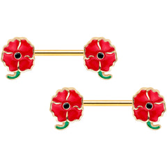 14G 9/16 Gold Tone Blooming Poppies Barbell Nipple Ring Set