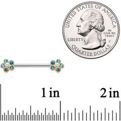 14G 9/16 Aqua Gem Precious Flower Barbell Nipple Ring Set