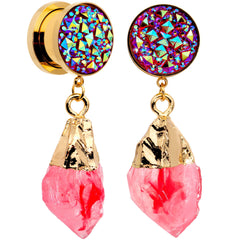 Pink Faux Druzy Quartz Gold Tone Dangle Screw Fit Plug Set 8mm to 16mm