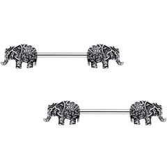 14G 9/16 Ornate Pattern Elephant Barbell Nipple Ring Set