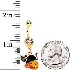 Clear Gem Gold Tone Black Cat Jack O Lantern Dangle Belly Ring