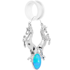 Blue Faux Opal Leaping Unicorns Tunnel Plug Earrings
