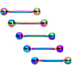 Aurora Gem Inlay Rainbow Color Barbell Tongue Ring Set of 5