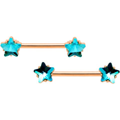 14G Blue Gem Star Rose Gold Tone BCR Barbell Nipple Ring Set