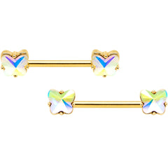 14G Aurora Gem Butterfly Gold Tone BCR Nipple Ring Set