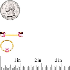 14G Pink Gem Butterfly Gold Tone BCR Barbell Nipple Ring Set