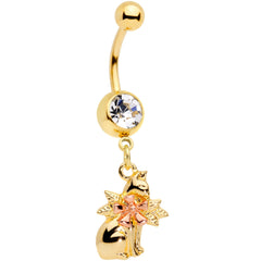Clear Gem Gold Tone Kitty Cat With A Corsage Dangle Belly Ring