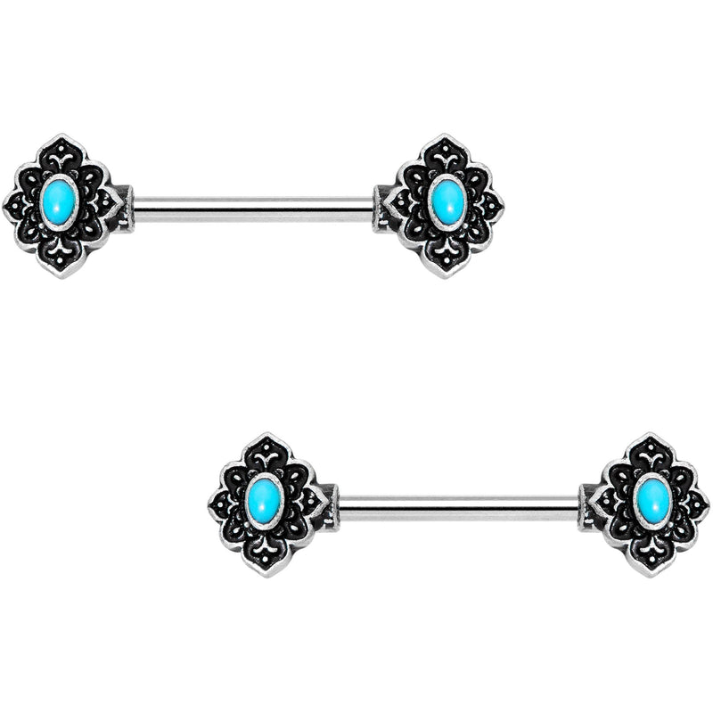 14G 9/16 Faux Turquoise Baroque Oval Barbell Nipple Ring Set