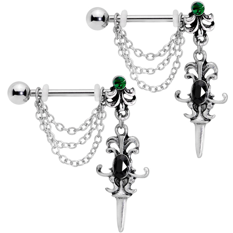 14G 9/16Black Green Gem Chain Sword Barbell Nipple Ring Set