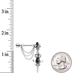 14G 9/16Black Green Gem Chain Sword Barbell Nipple Ring Set