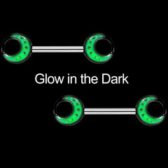 14G 9/16 Glow in the Dark Green Moon Barbell Nipple Ring Set
