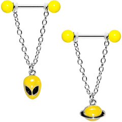 14G 9/16 Yellow Glow Alien Saturn Dangle Barbell Nipple Ring Set