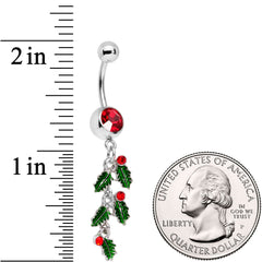 Red Gem Happy Holiday Cascade Of Holly Dangle Belly Ring
