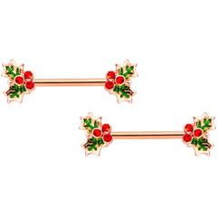 14G Red Gem Rose Gold Tone Holly Captive Barbell Nipple Ring Set