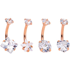 Clear Gem Rose Gold Hue Round Rhombus Heart Star Belly Ring Set of 4