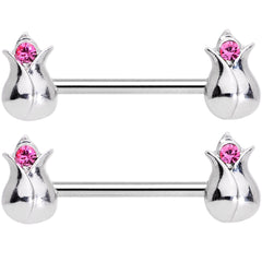 14G 9/16 Pink Gem Tulip Flower Barbell Nipple Ring Set