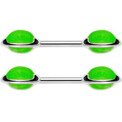 14G 9/16 Green Glow in the Dark Saturn Barbell Nipple Ring Set