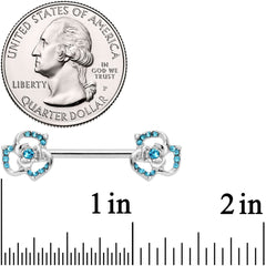 14G 9/16 Blue Gem Rose Flower Barbell Nipple Ring Set