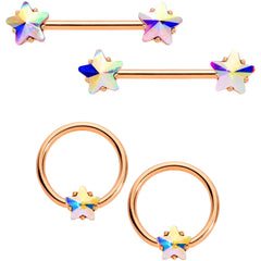 14G Aurora Star Gem Rose Gold Tone BCR Barbell Nipple Ring Set