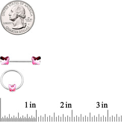 14G 9/16 1/2 Pink Butterfly Gem BCR Barbell Nipple Ring Set