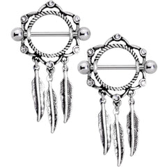 14G 9/16 Clear Gem Lotus Flower Feather Dangle Nipple Shield Set