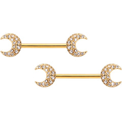 14G 9/16 Clear Gem Gold Tone Crescent Moon Barbell Nipple Ring Set