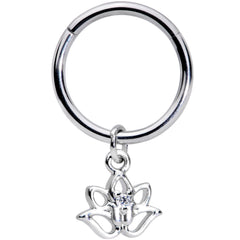 16G 3/8 Clear CZ Gem Lotus Flower Dangle Hinged Segment Ring