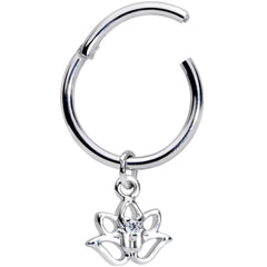 16G 3/8 Clear CZ Gem Lotus Flower Dangle Hinged Segment Ring