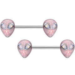 14G 9/16 White Faux Opal Alien Invader Barbell Nipple Ring Set