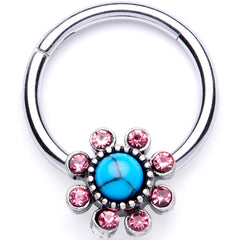 16G 3/8 Pink Gem Faux Turquoise Flower Hinged Segment Ring