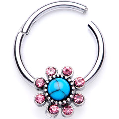 16G 3/8 Pink Gem Faux Turquoise Flower Hinged Segment Ring