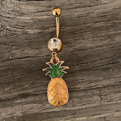 Clear Gem Rose Gold Tone Pineapple Dangle Belly Ring