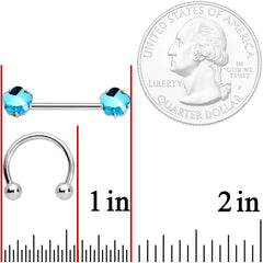 14G 9/16 1/2 Aqua Gem Flower Horseshoe Barbell Nipple Ring Set