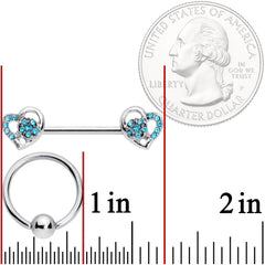 14G 9/16 5/16 Aqua Gem Hearts BCR Barbell Nipple Ring Set