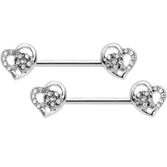 14G 9/16 5/16 Clear Gem Hearts BCR Barbell Nipple Ring Set