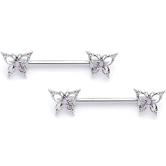 14G 9/16 Pink Faux Opal Lacy Butterfly Barbell Nipple Ring Set