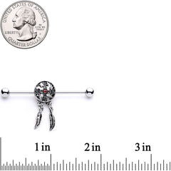 14G Red Gem Cross and Feather Dangle Industrial Barbell 38mm