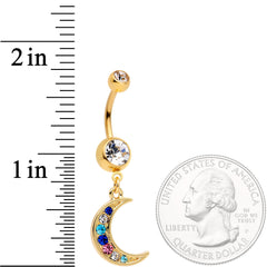 Multicolor Gem Gold Tone Crescent Moon Dangle Belly Ring