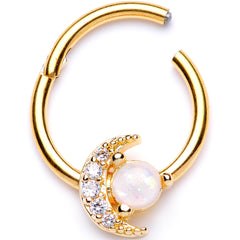 16G 3/8 White Faux Opal Gold Tone Moon Hinged Segment Ring