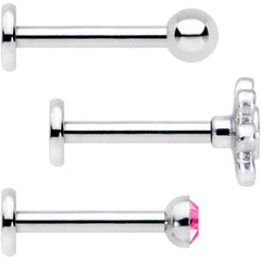 16G Pink Gem Flower Internally Threaded Labret Set of 3