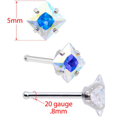 20G 1/4 Aurora Gem Square Multi Size Nose Bone Set of 6