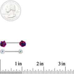 14G 5/8 9/16 Clear Gem Multi Color Roses Barbell Nipple Ring Set