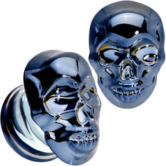 Dark Blue Glass Smiling Halloween Skull Double Flare Plug Set