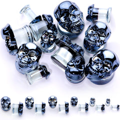 Dark Blue Glass Smiling Halloween Skull Double Flare Plug Set