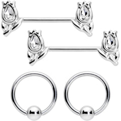 14G 7/16 1/2 Clear Gem Flowers BCR Barbell Nipple Ring Set of 4